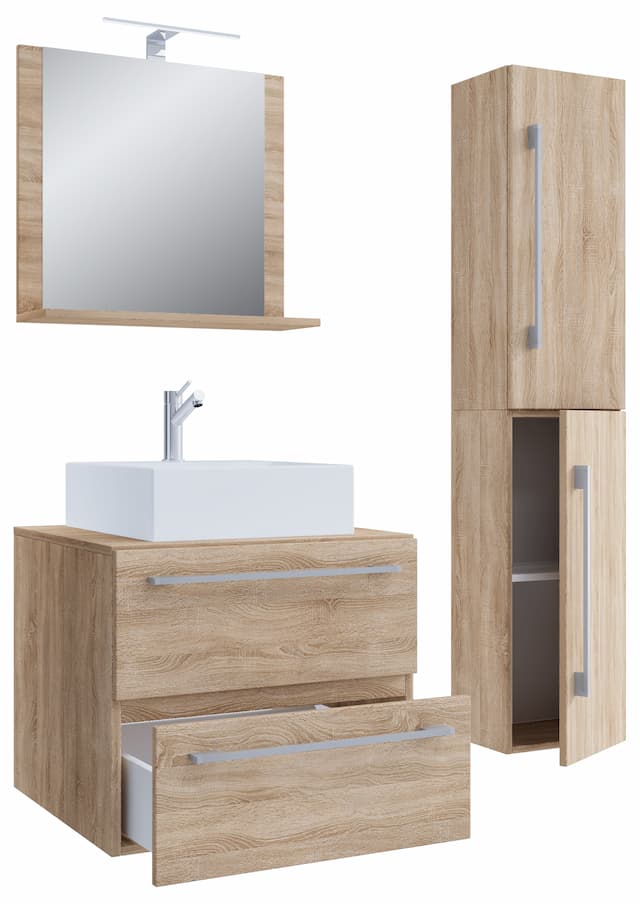 VCM NORDIC Badinos II 60 cm 4-delat handfat, m. spegel, handfat, sk&aringp - naturlig melamin